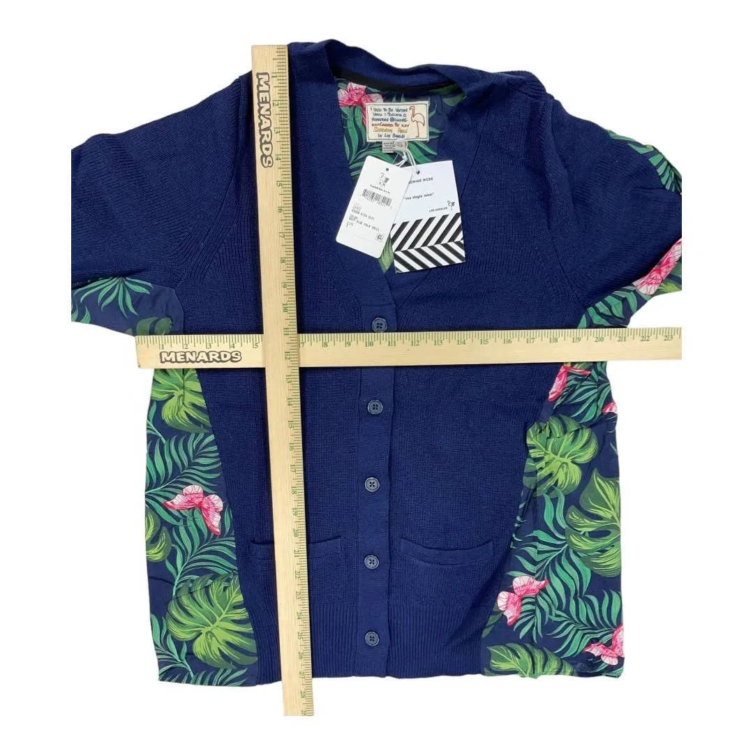Free People x Sandrine Rose Mixed Media Tropical Print Knit Sweater Small Navy