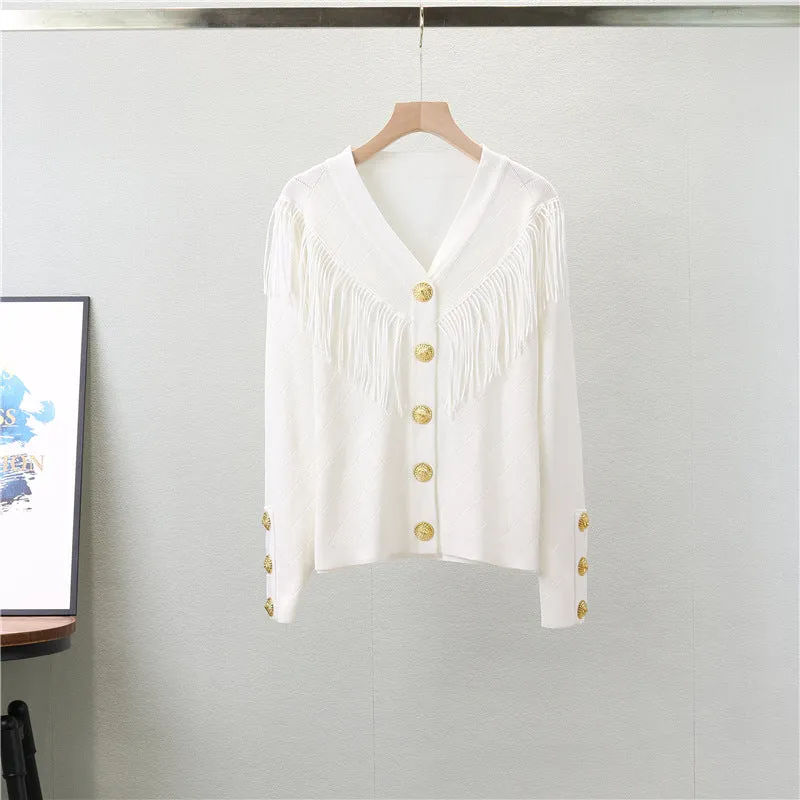 GBOLSOS Spring New new celebrity temperament fringed metal buckle knitted cardigan fashion commuter top