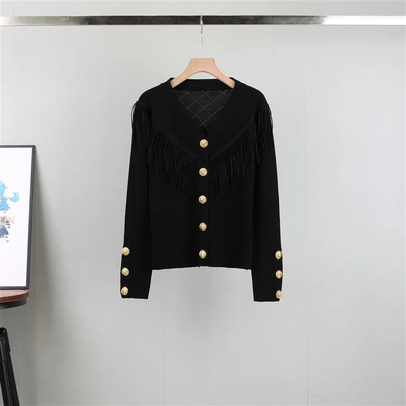 GBOLSOS Spring New new celebrity temperament fringed metal buckle knitted cardigan fashion commuter top