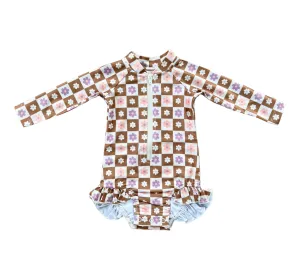 Girl's One-Piece Ruffle Rash Guard Swim Suit -Checker in Retro Daisy