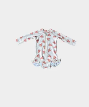 Girl's One-Piece Ruffle Rash Guard Swim Suit - Watermelon
