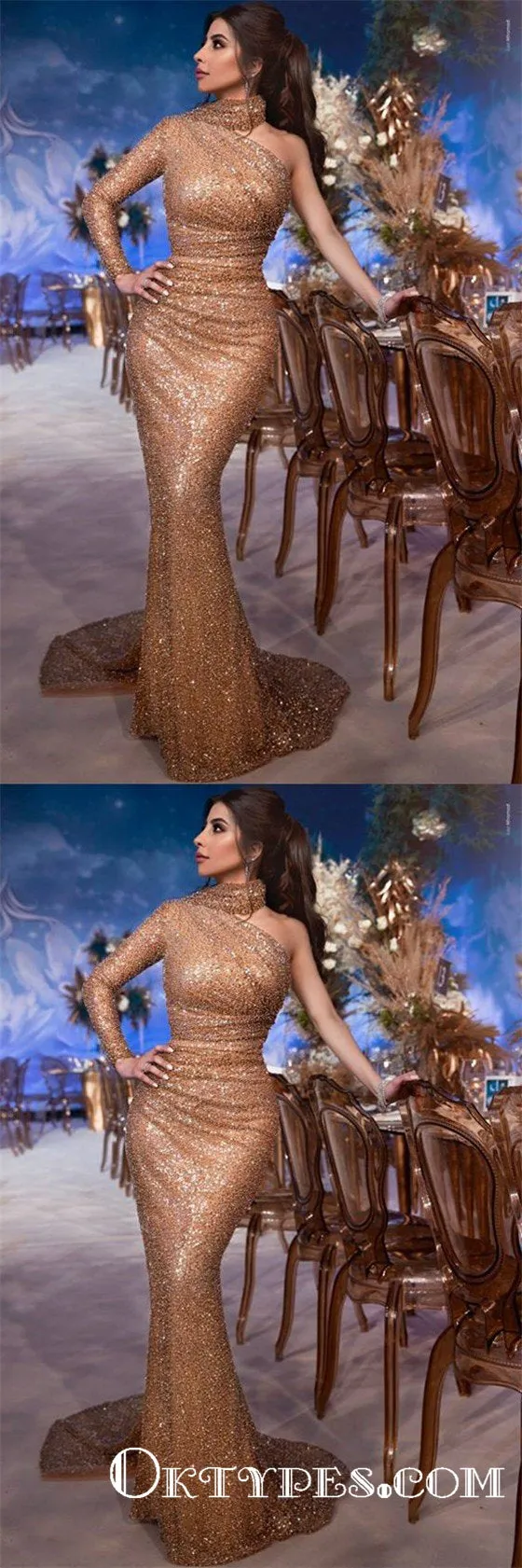 Gorgeous High-Neck One-Shoulder Mermaid Long-Sleeves Prom Dresses, TYP1928