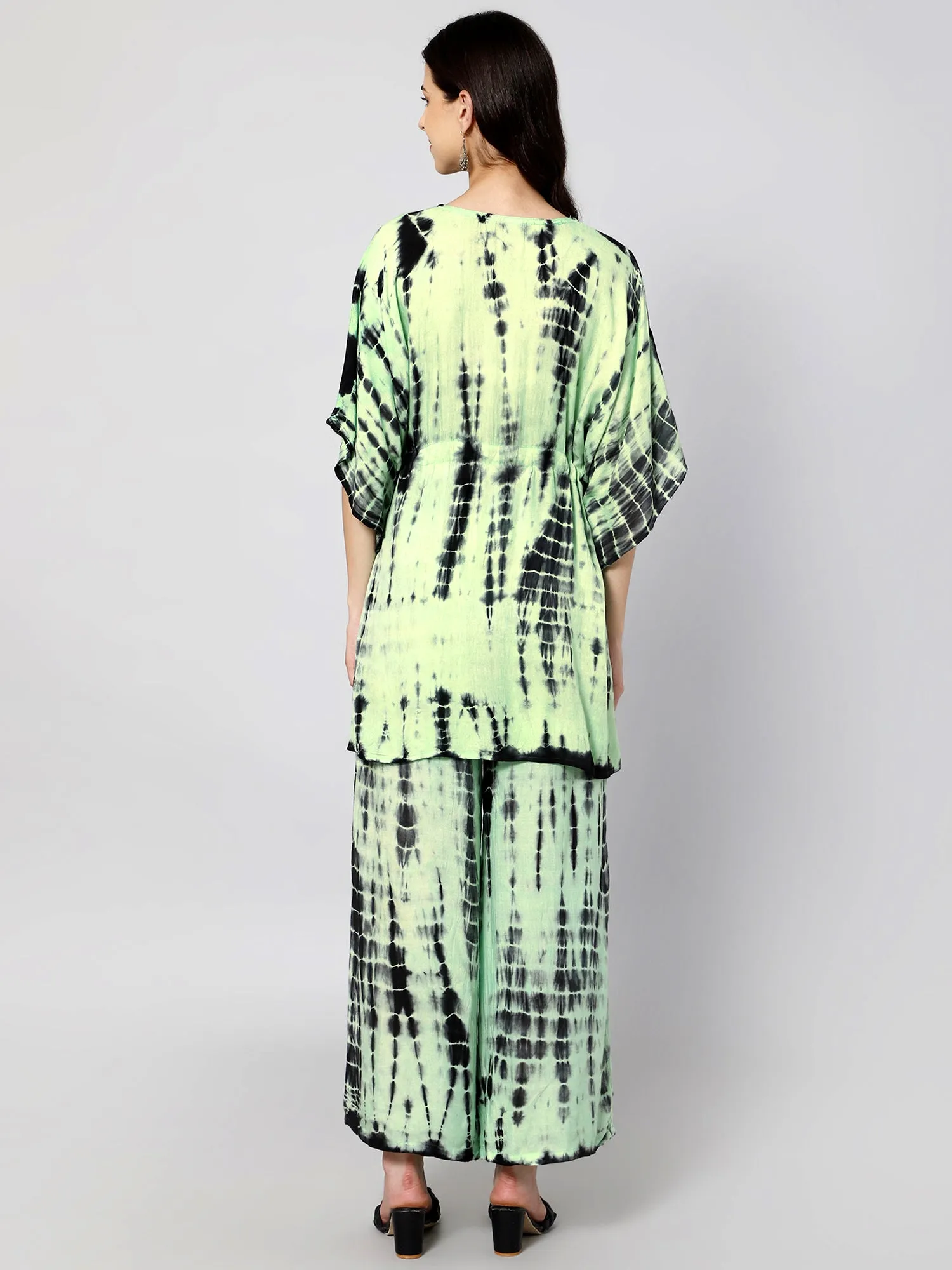 Green & black tie and dye print viscose free size kaftan and palazzo set