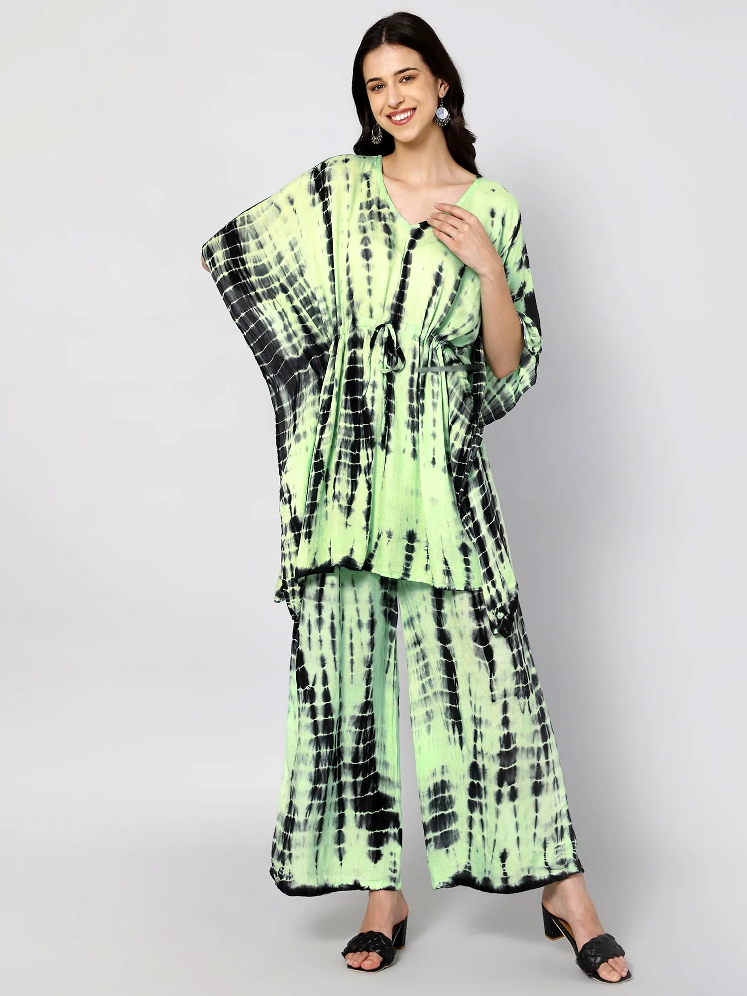 Green & black tie and dye print viscose free size kaftan and palazzo set