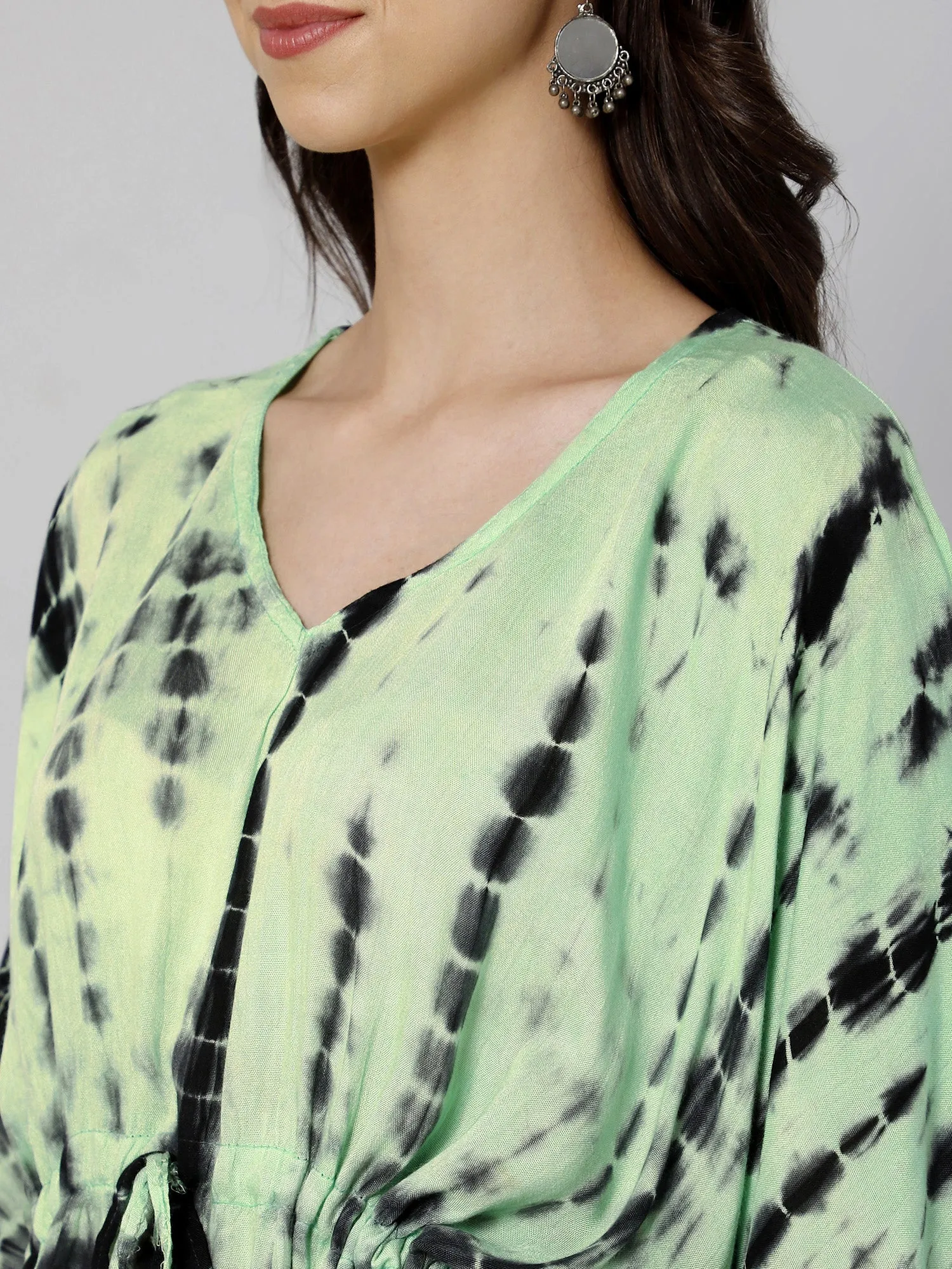Green & black tie and dye print viscose free size kaftan and palazzo set