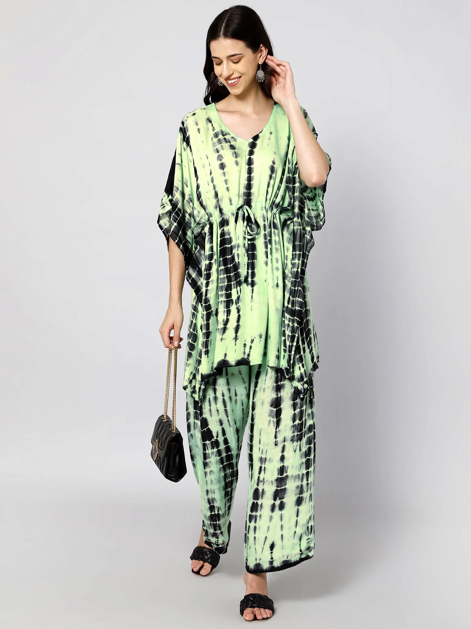 Green & black tie and dye print viscose free size kaftan and palazzo set