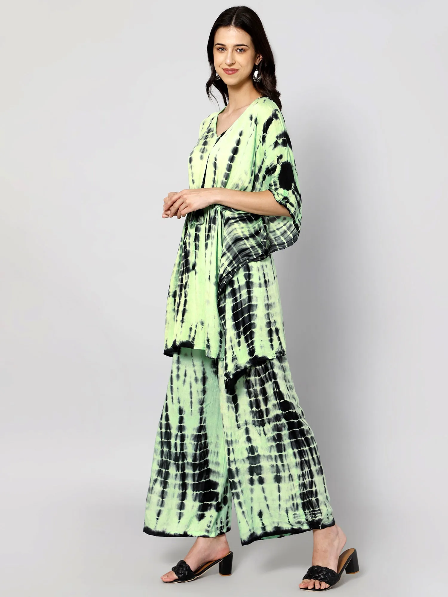Green & black tie and dye print viscose free size kaftan and palazzo set