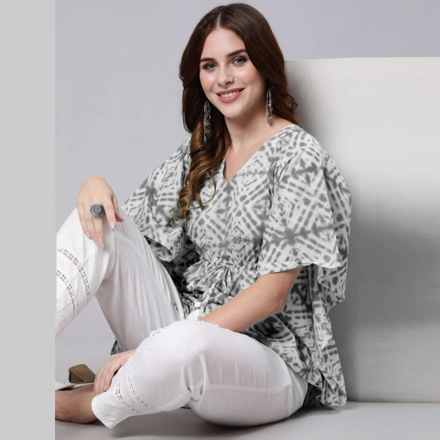 Grey Tie And Dye Print Cotton Kaftan Dress (SHKUP1209)