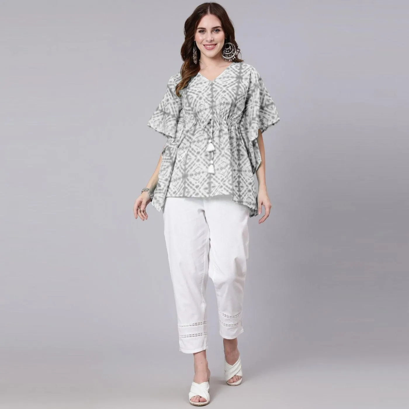 Grey Tie And Dye Print Cotton Kaftan Dress (SHKUP1209)