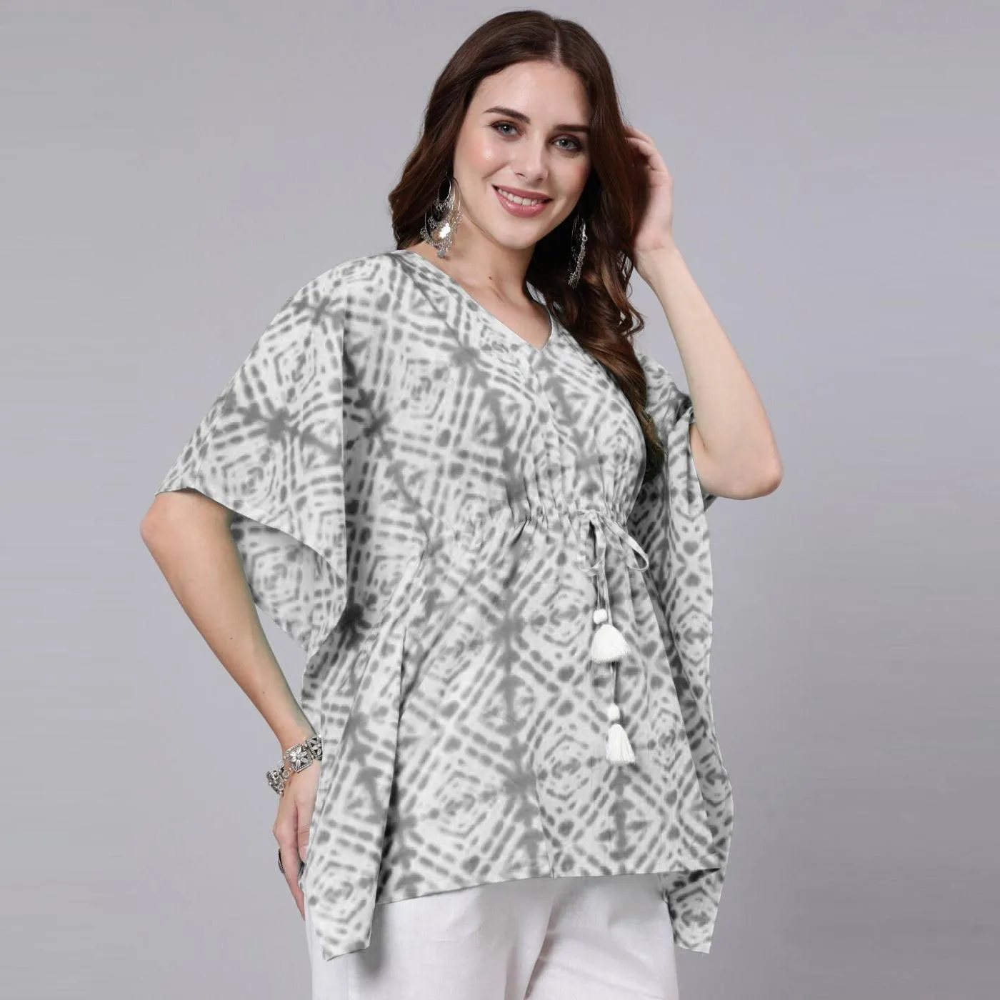 Grey Tie And Dye Print Cotton Kaftan Dress (SHKUP1209)