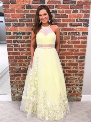 Halter Tulle Prom Dresses, Floral Prom Dresses, Long Prom Dresses, Cheap Prom Dresses, BG0428
