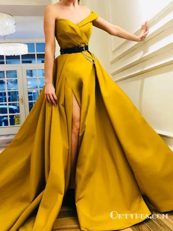 Hot Yellow  Long Off The Shoulder Split Belt Evening Gowns Prom Dresses, TYP1665