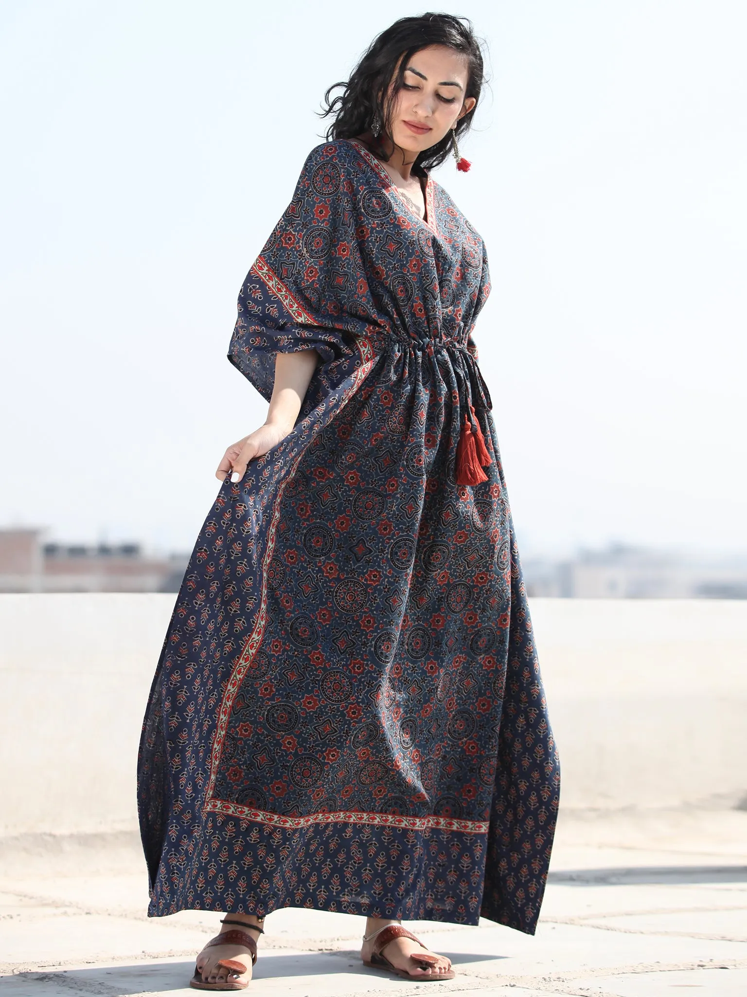 Indigo Rust Ajrakh Hand Block Printed Kaftan - K120F1158