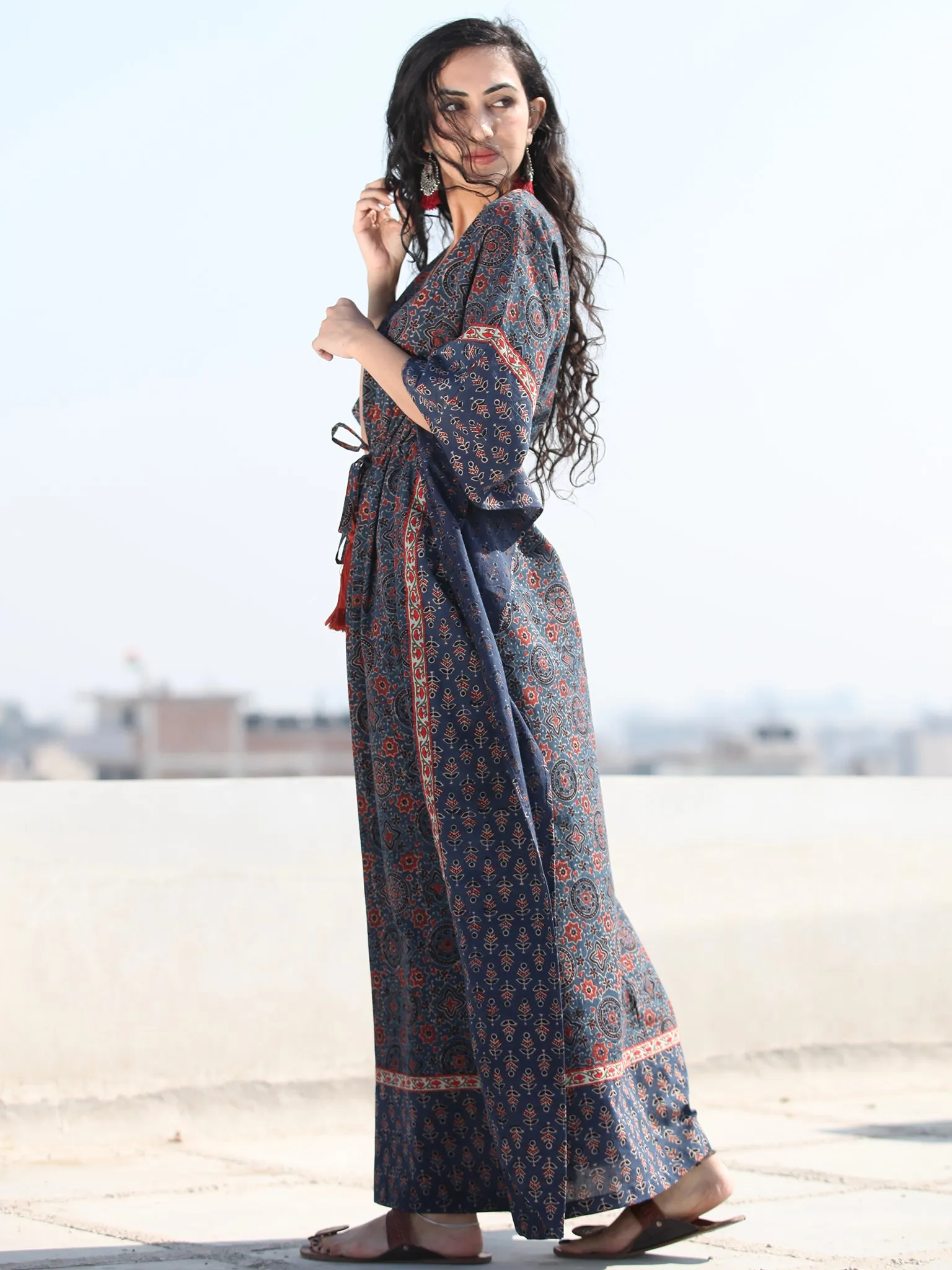 Indigo Rust Ajrakh Hand Block Printed Kaftan - K120F1158