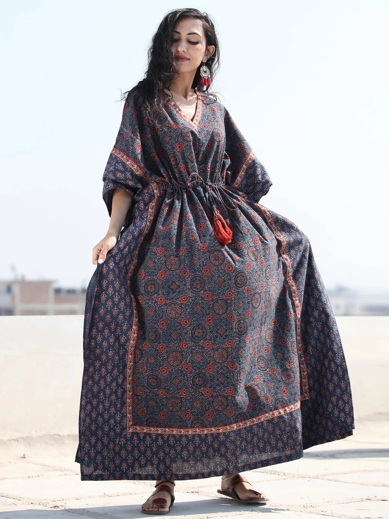Indigo Rust Ajrakh Hand Block Printed Kaftan - K120F1158