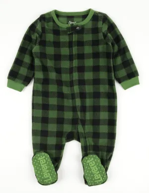 Kids Footed Black & Green Plaid Fleece Pajamas