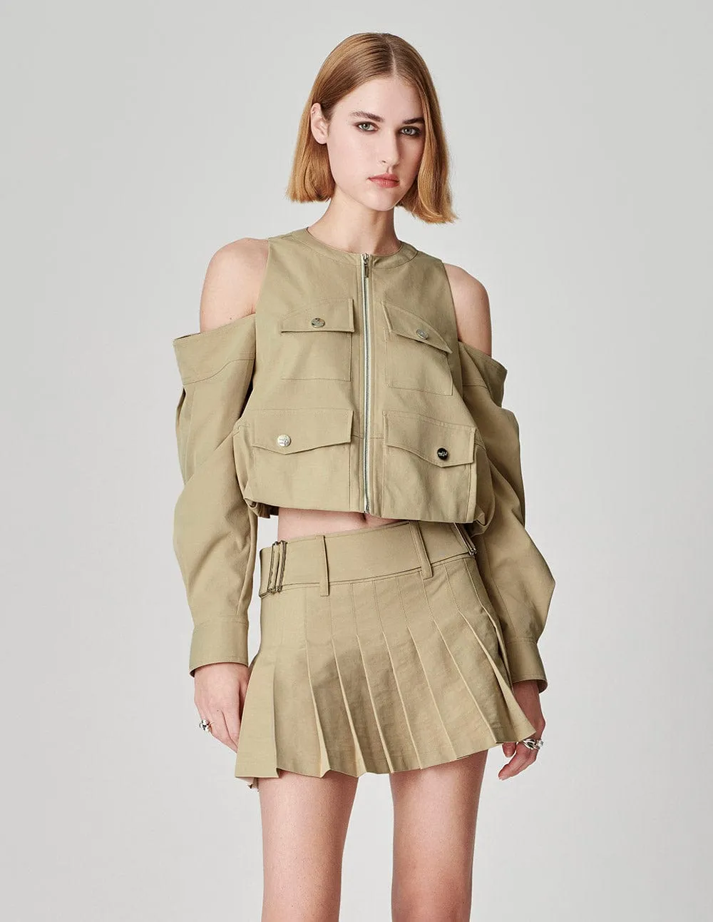 Ladies Apricot Off-Shoulder Cargo Bag Casual Jacket