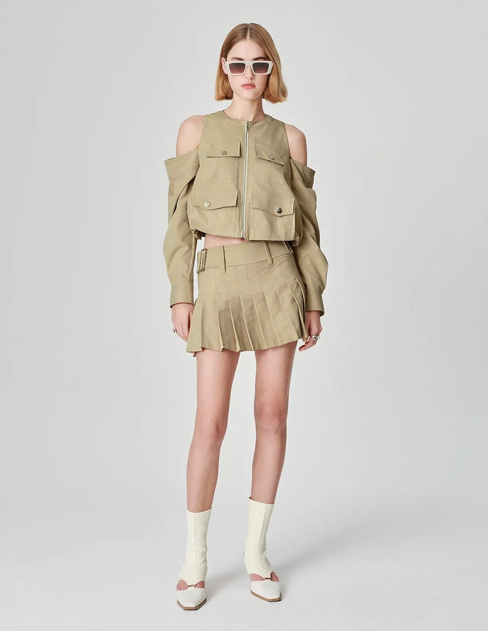 Ladies Apricot Off-Shoulder Cargo Bag Casual Jacket