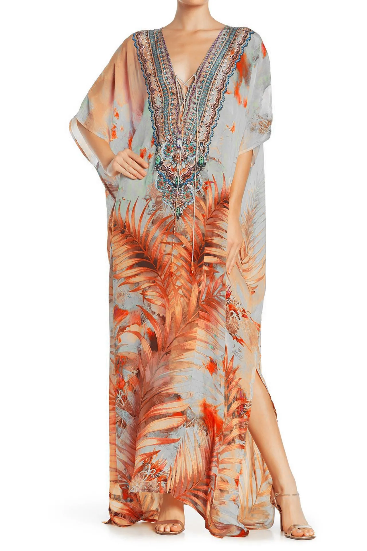 Leaf Print Long Kaftan Dress