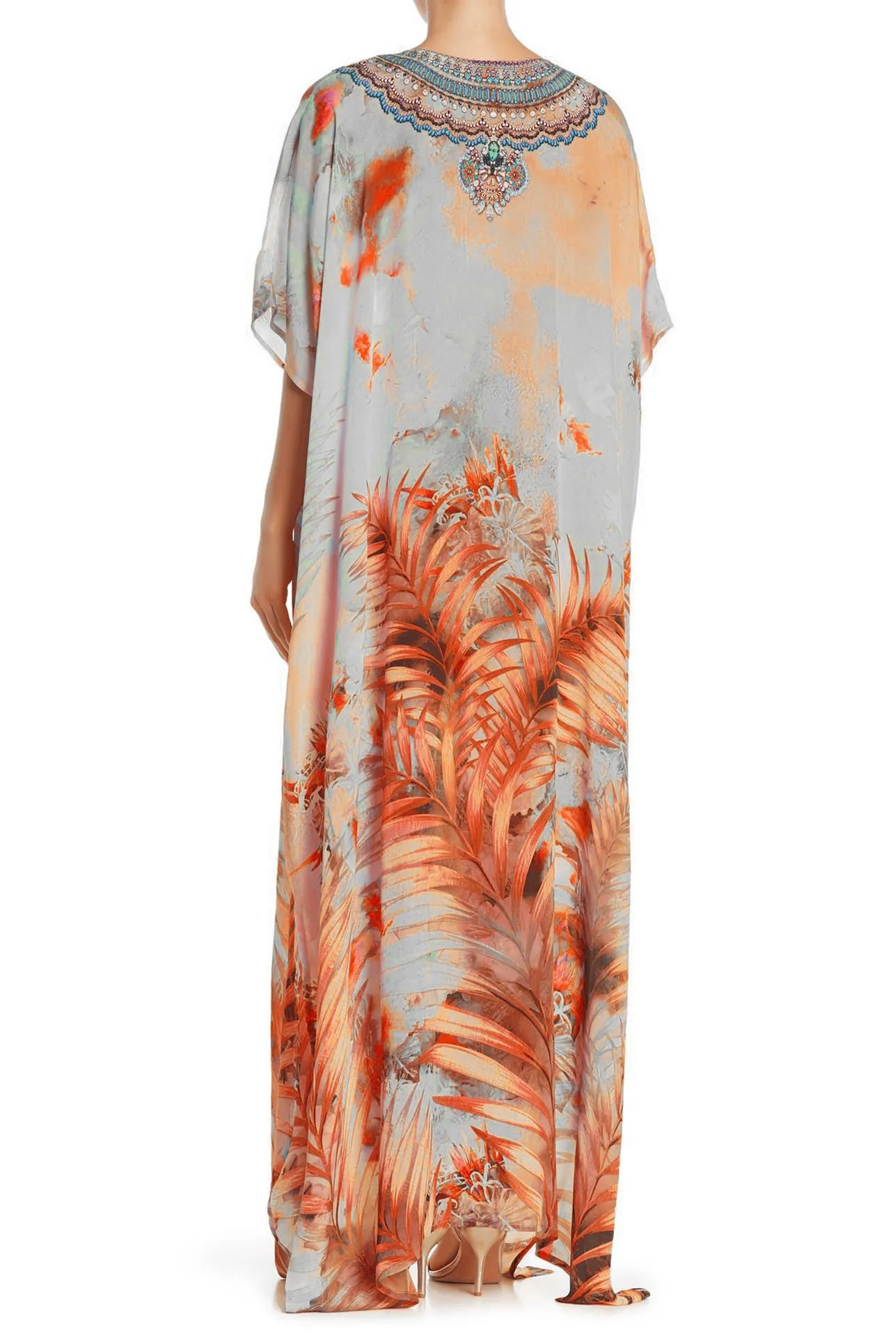 Leaf Print Long Kaftan Dress
