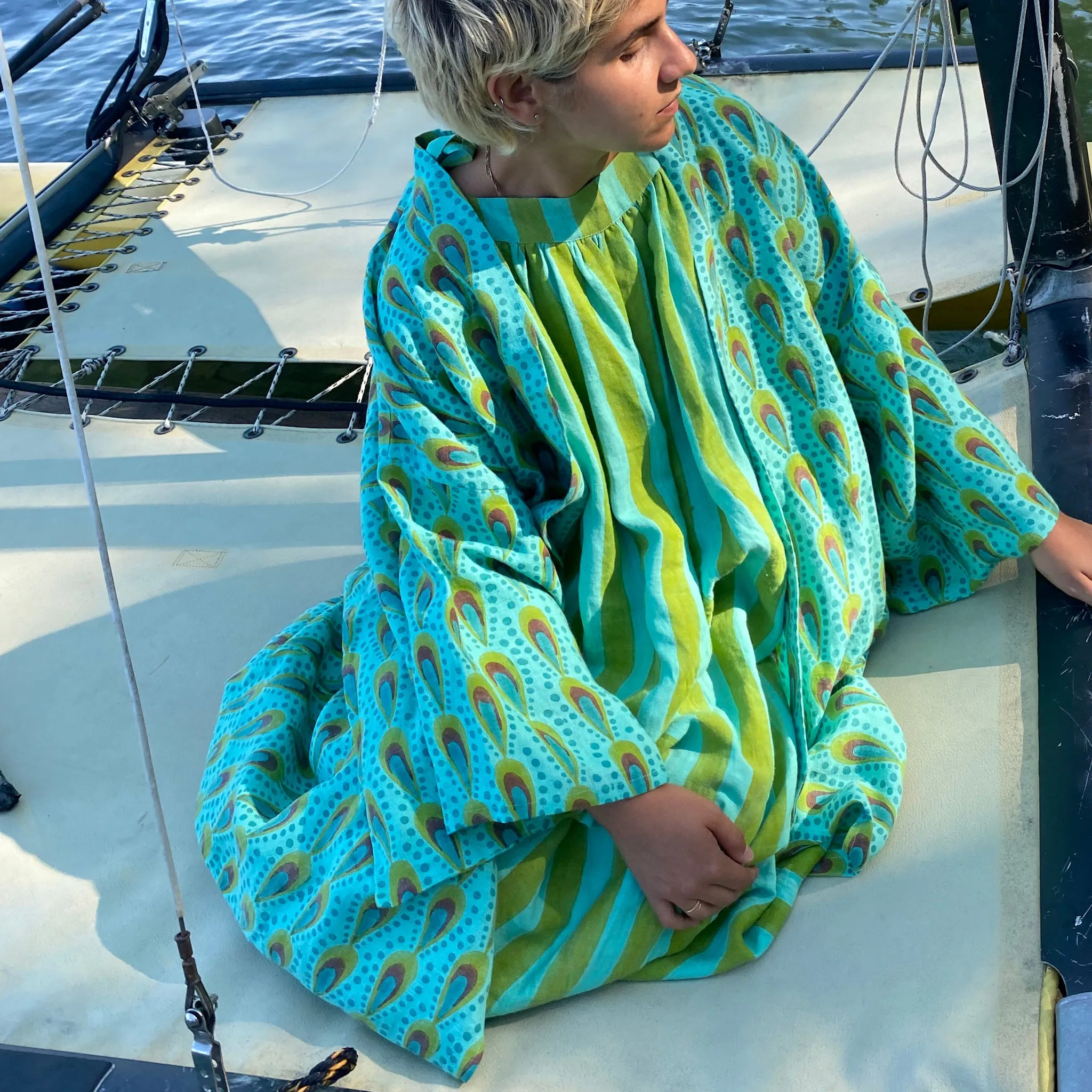 Lena Robe in Aqua Peacock Linen