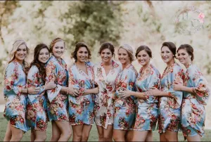 Light Blue Satin Floral Bridesmaid robes, floral kimono robe, bridal robes, silk bridesmaid robes, bridal robes, bridesmaids gifts