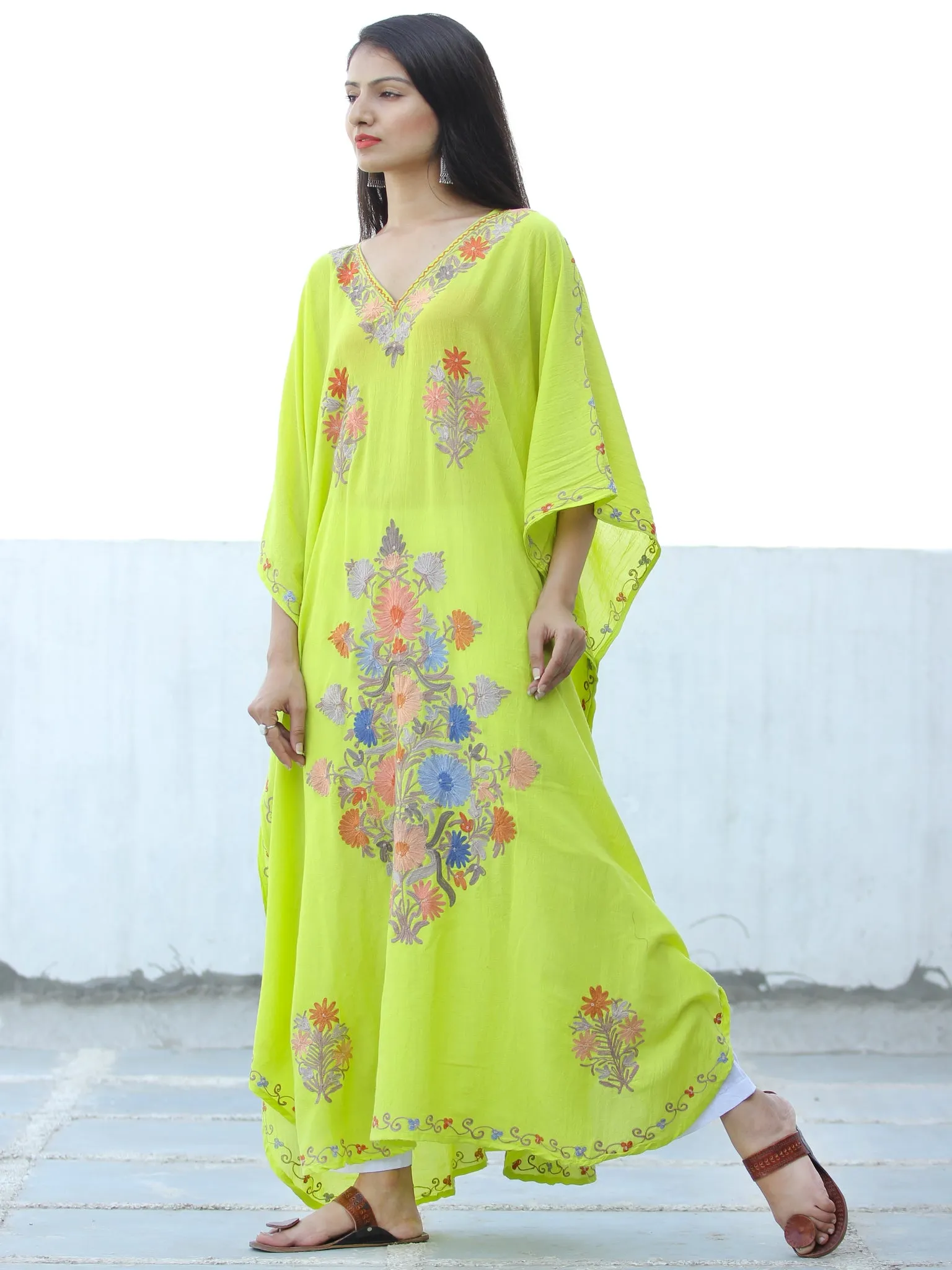 Lime Green  Aari Embroidered Kashmere Free Size Kaftan in Crushed Cotton - K11K059