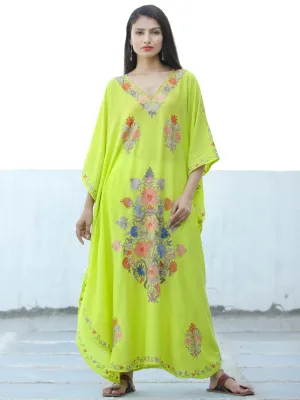 Lime Green  Aari Embroidered Kashmere Free Size Kaftan in Crushed Cotton - K11K059