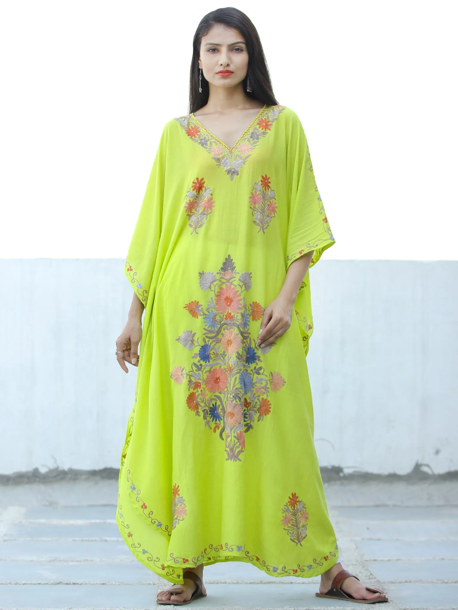 Lime Green  Aari Embroidered Kashmere Free Size Kaftan in Crushed Cotton - K11K059
