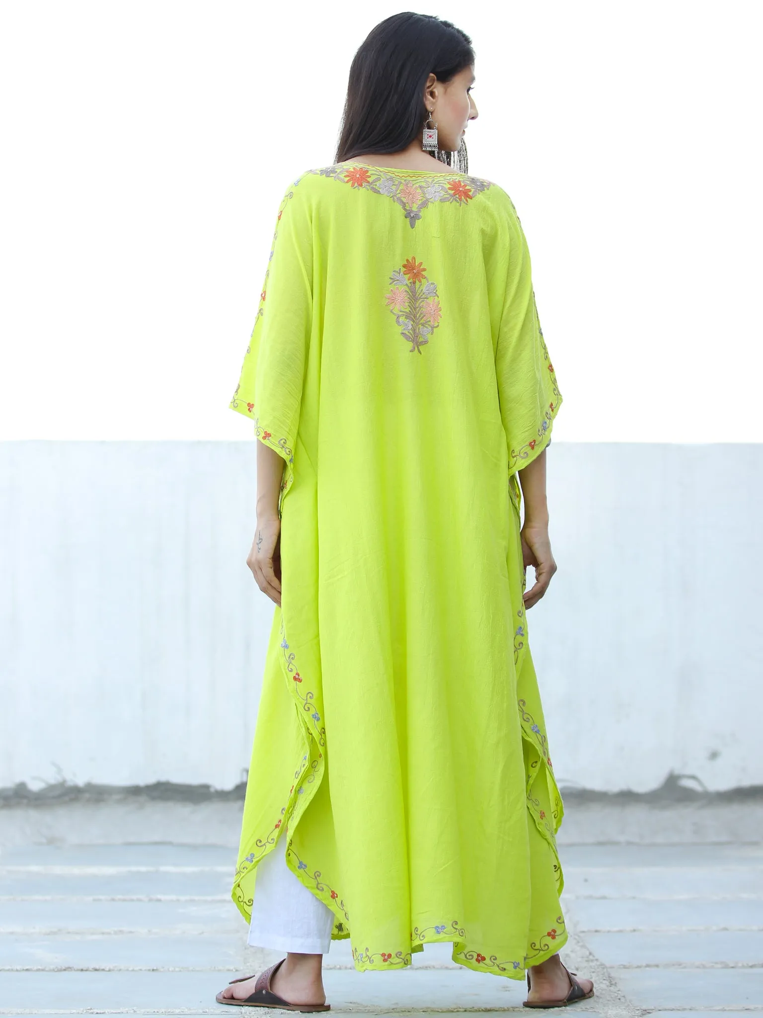 Lime Green  Aari Embroidered Kashmere Free Size Kaftan in Crushed Cotton - K11K059