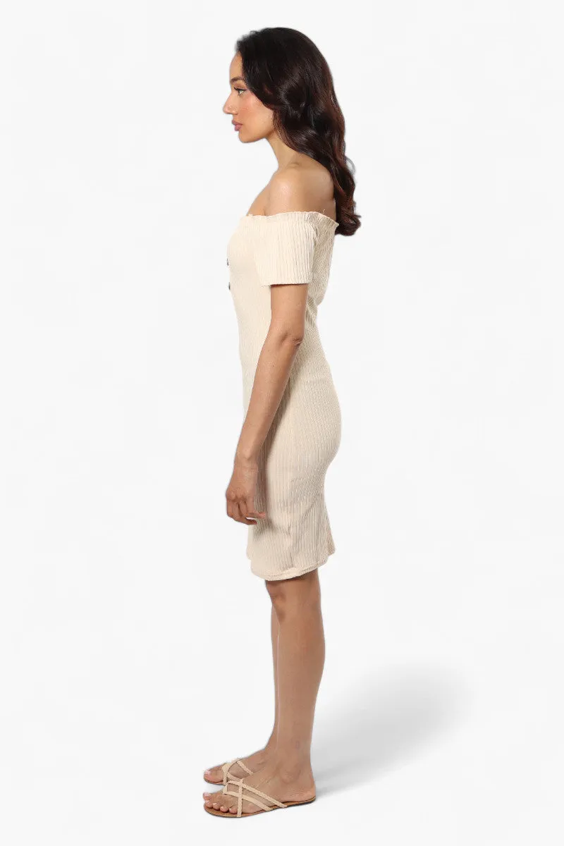 Majora Ribbed Off Shoulder Day Dress - Beige