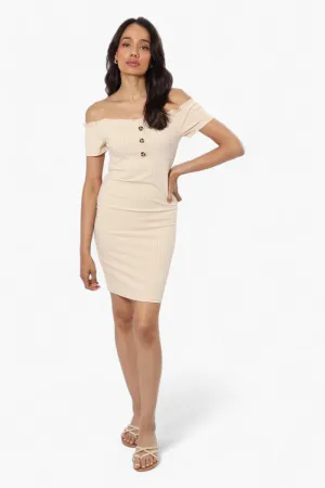 Majora Ribbed Off Shoulder Day Dress - Beige