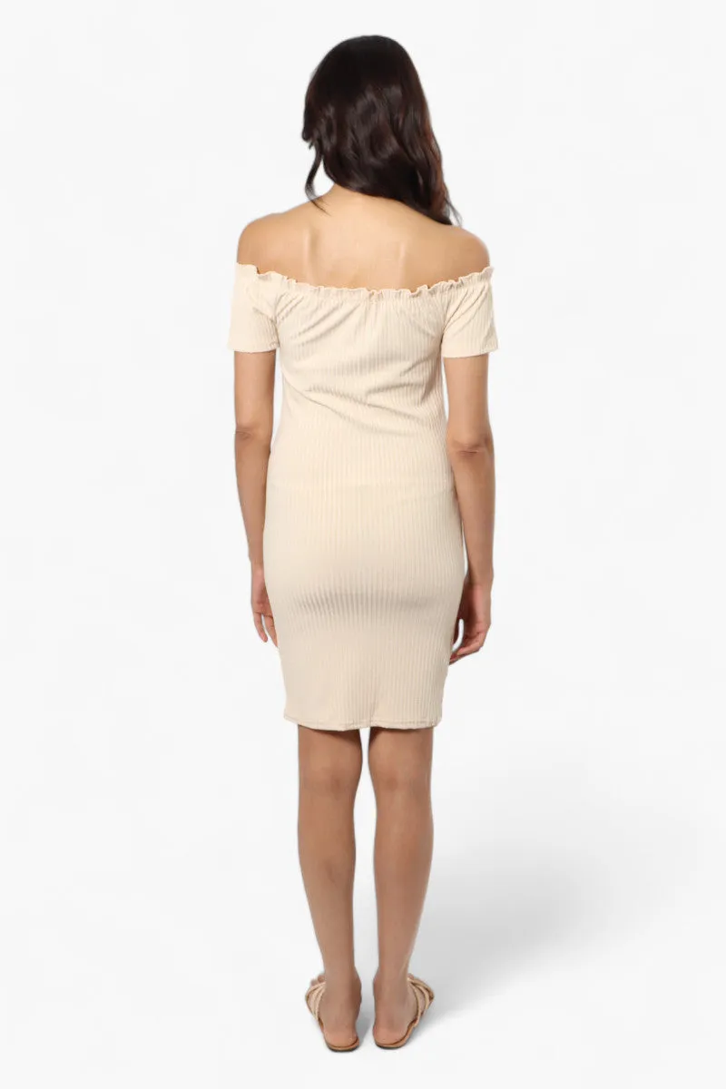 Majora Ribbed Off Shoulder Day Dress - Beige