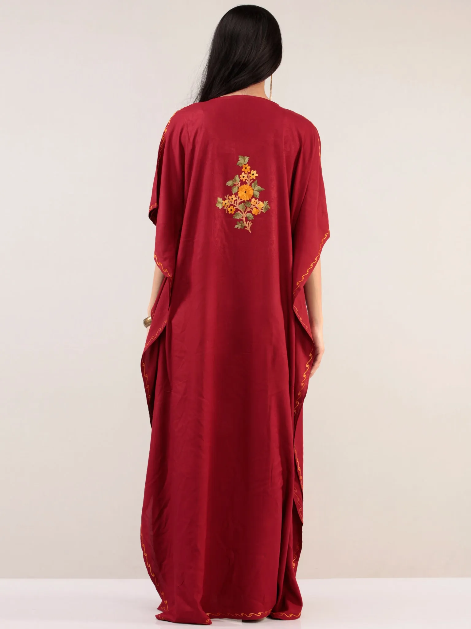 Maroon Yellow Aari Embroidered Kashmere Free Size Kaftan  - K12K034