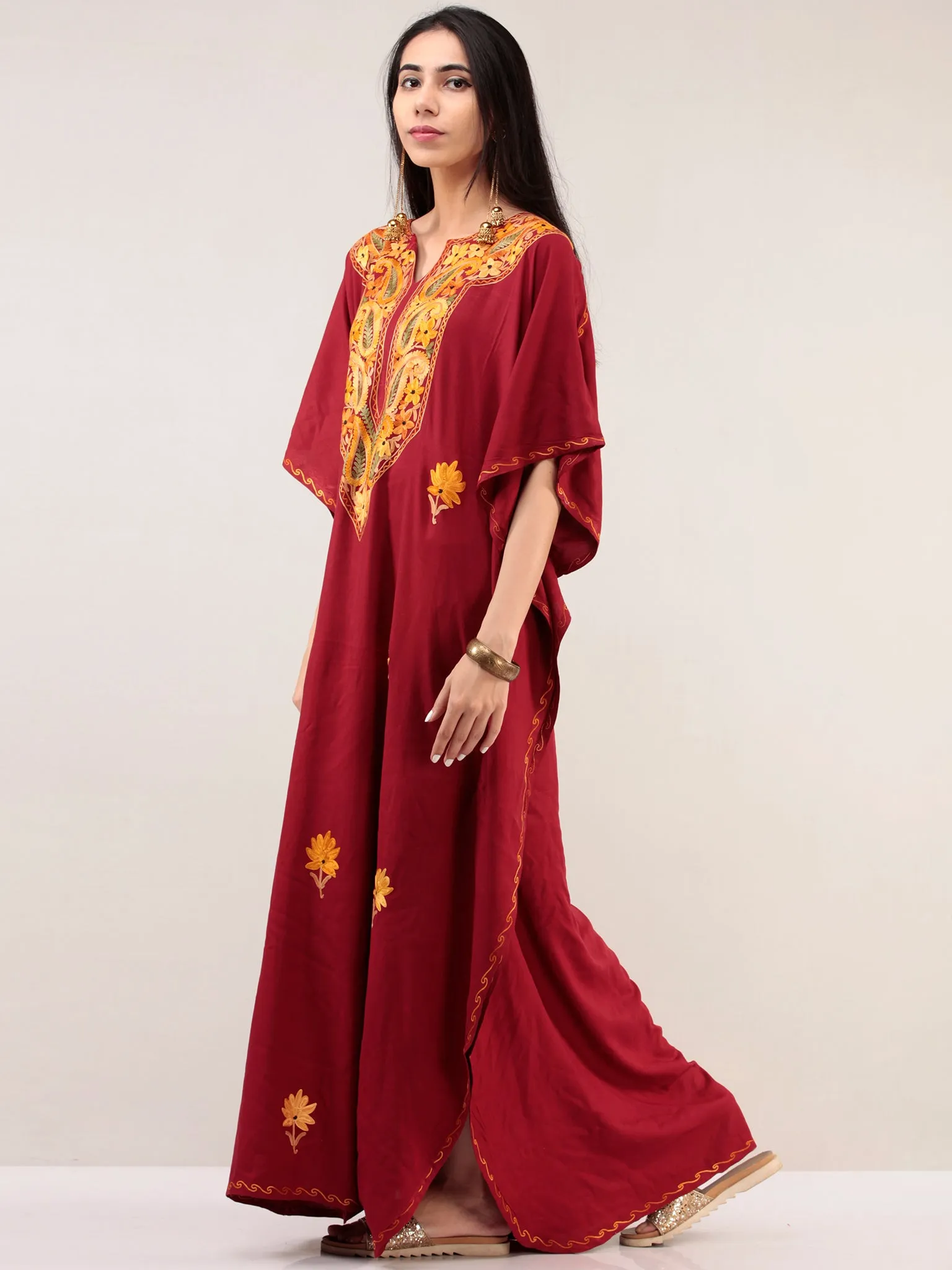 Maroon Yellow Aari Embroidered Kashmere Free Size Kaftan  - K12K034