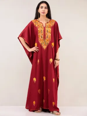 Maroon Yellow Aari Embroidered Kashmere Free Size Kaftan  - K12K034