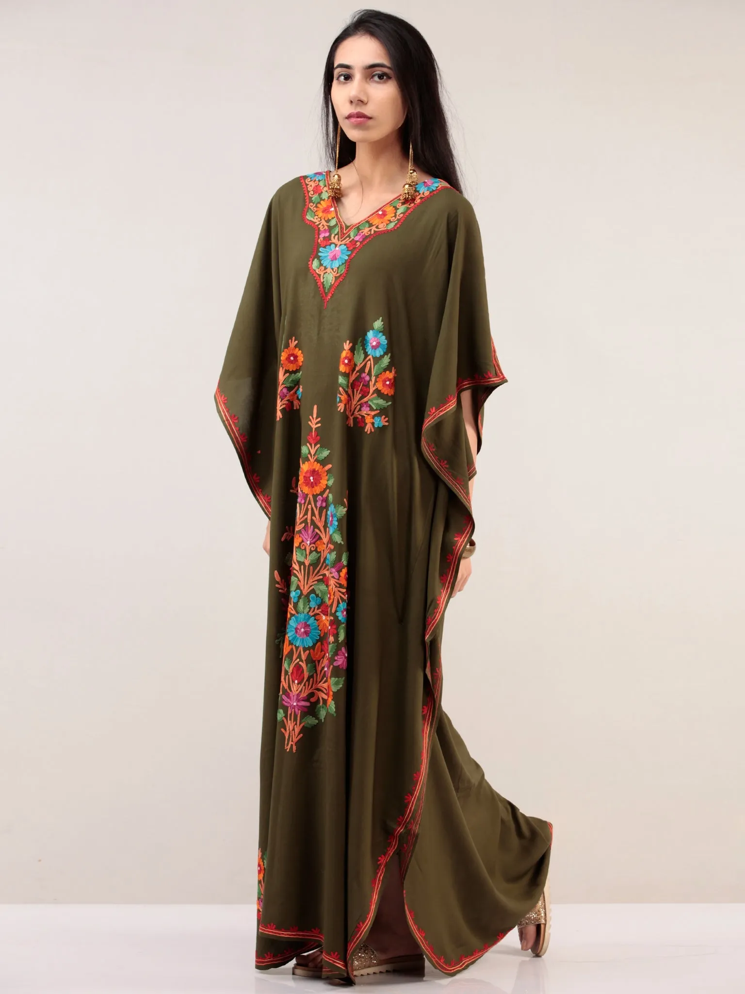 Mehndi Green Aari Embroidered Kashmere Free Size Kaftan  - K12K032