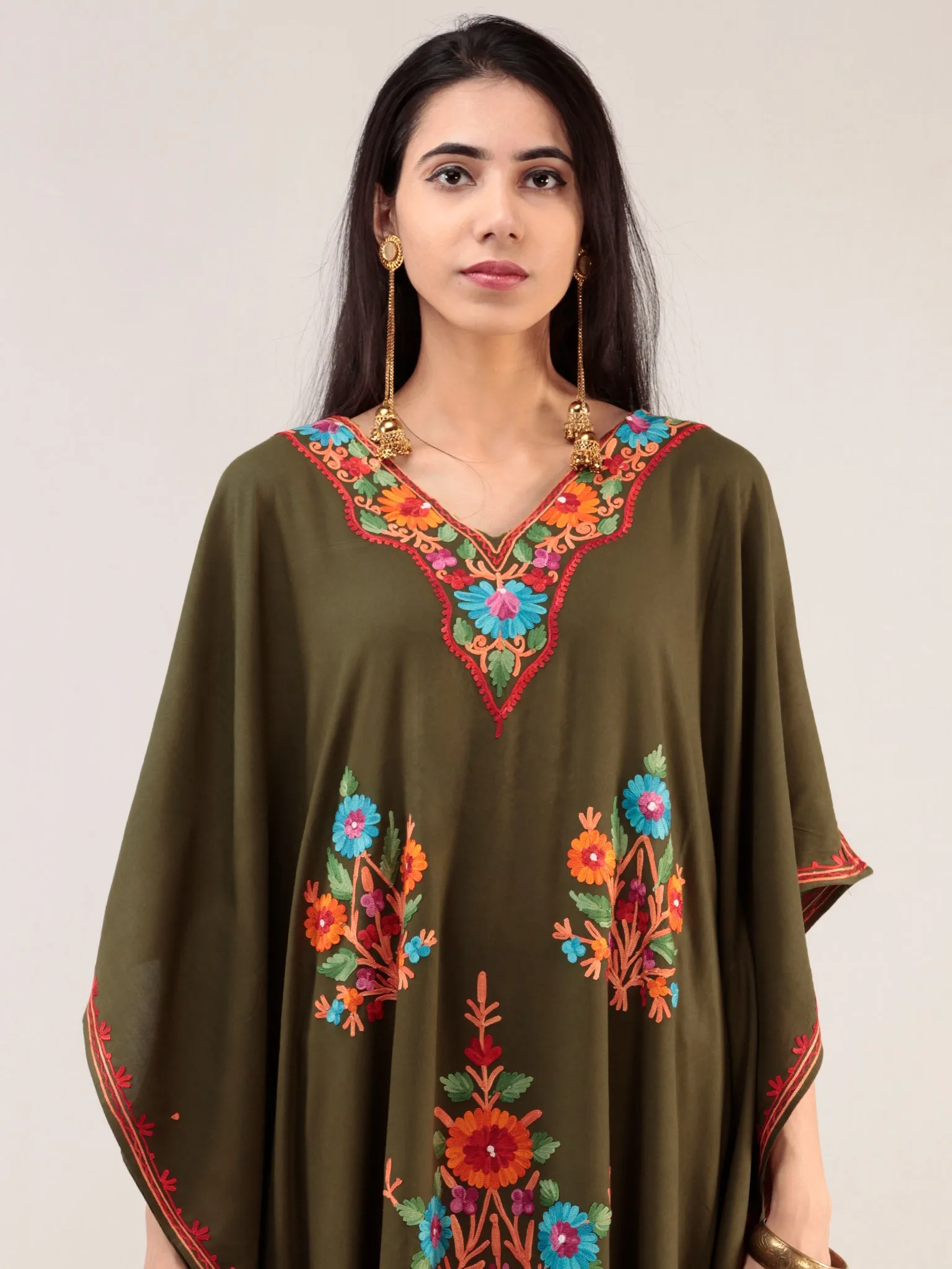 Mehndi Green Aari Embroidered Kashmere Free Size Kaftan  - K12K032