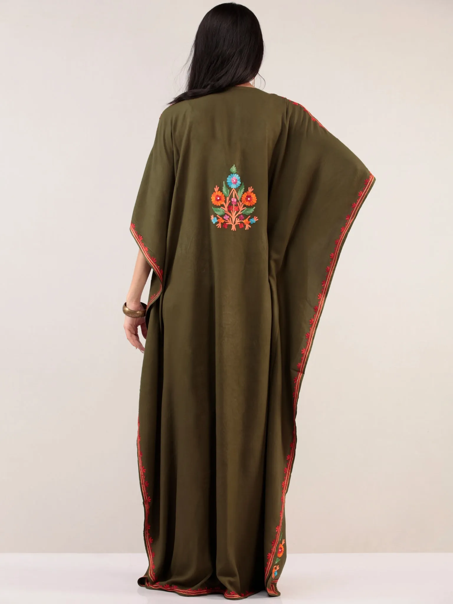 Mehndi Green Aari Embroidered Kashmere Free Size Kaftan  - K12K032
