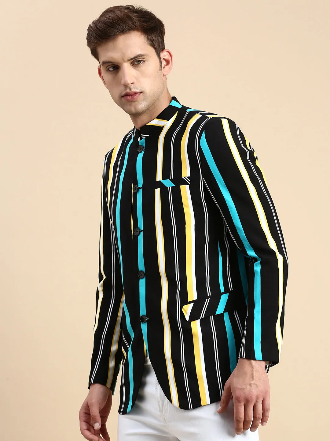 Men Black Striped Party Blazer