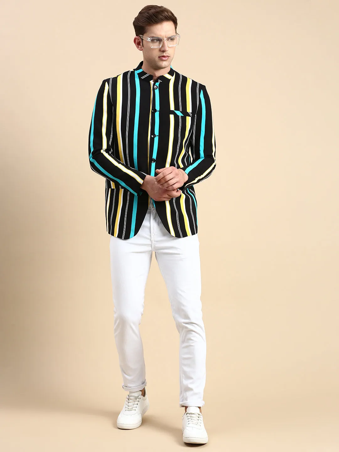 Men Black Striped Party Blazer
