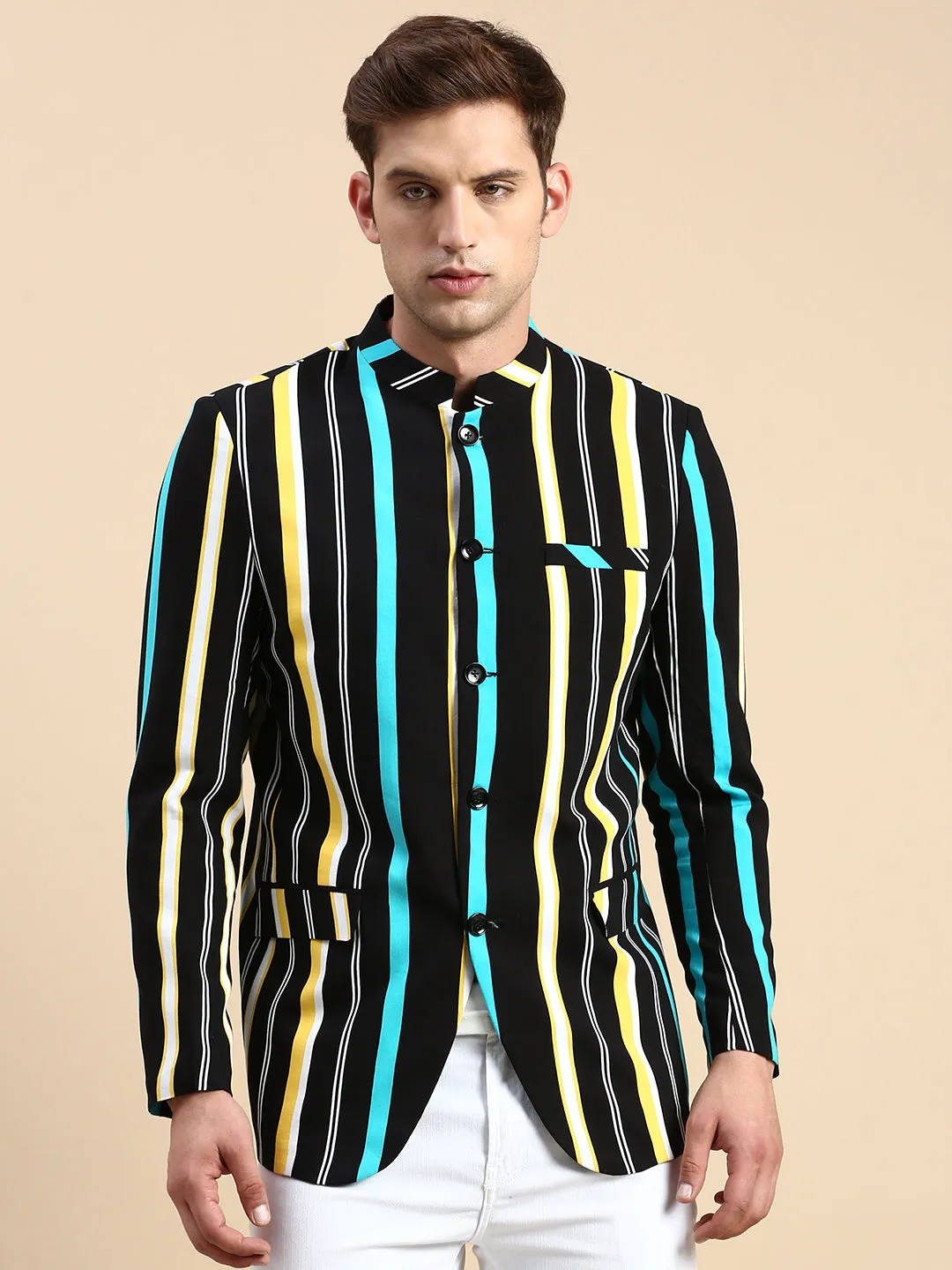 Men Black Striped Party Blazer