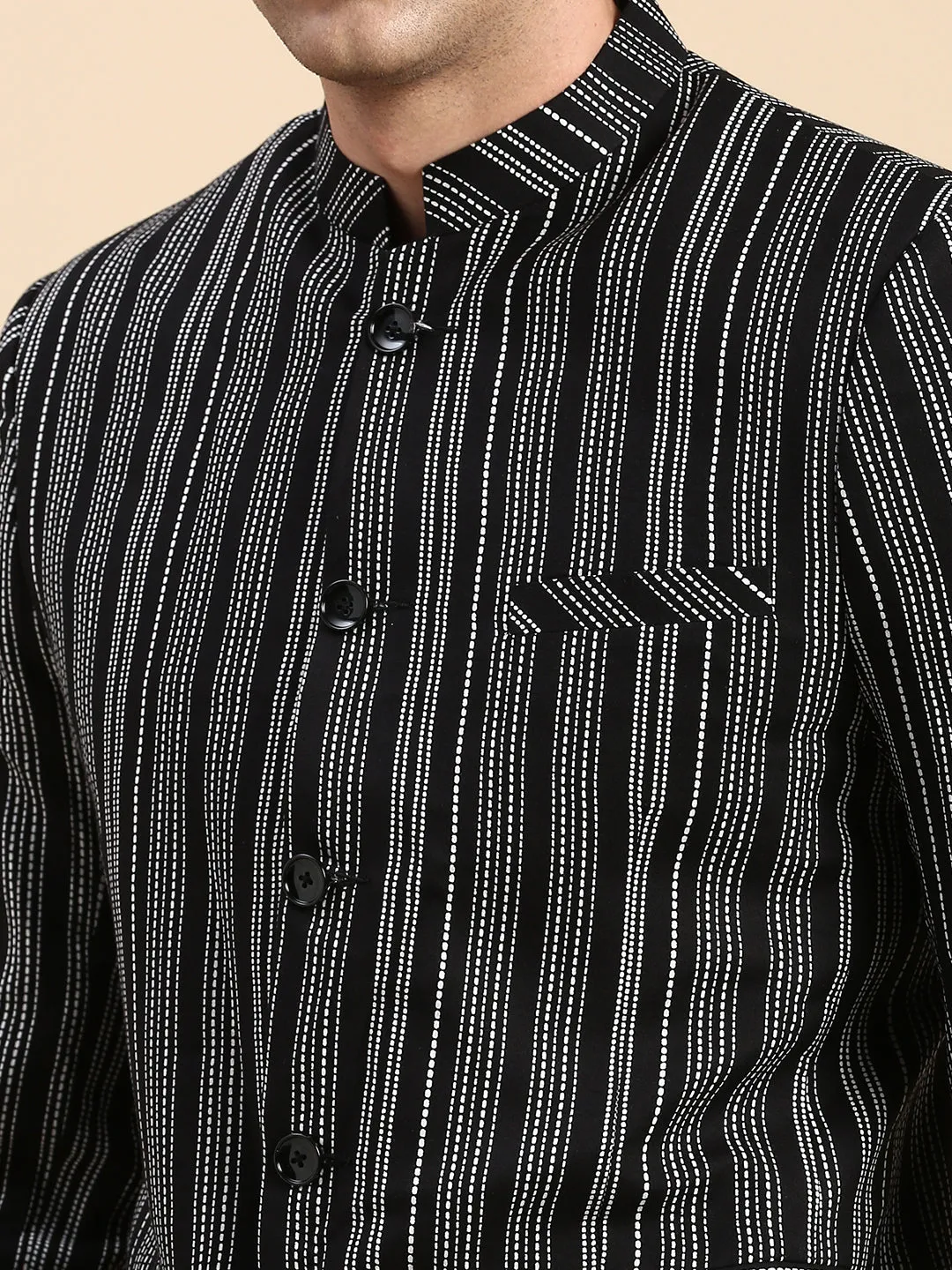Men Mandarin Collar Striped Black Blazer