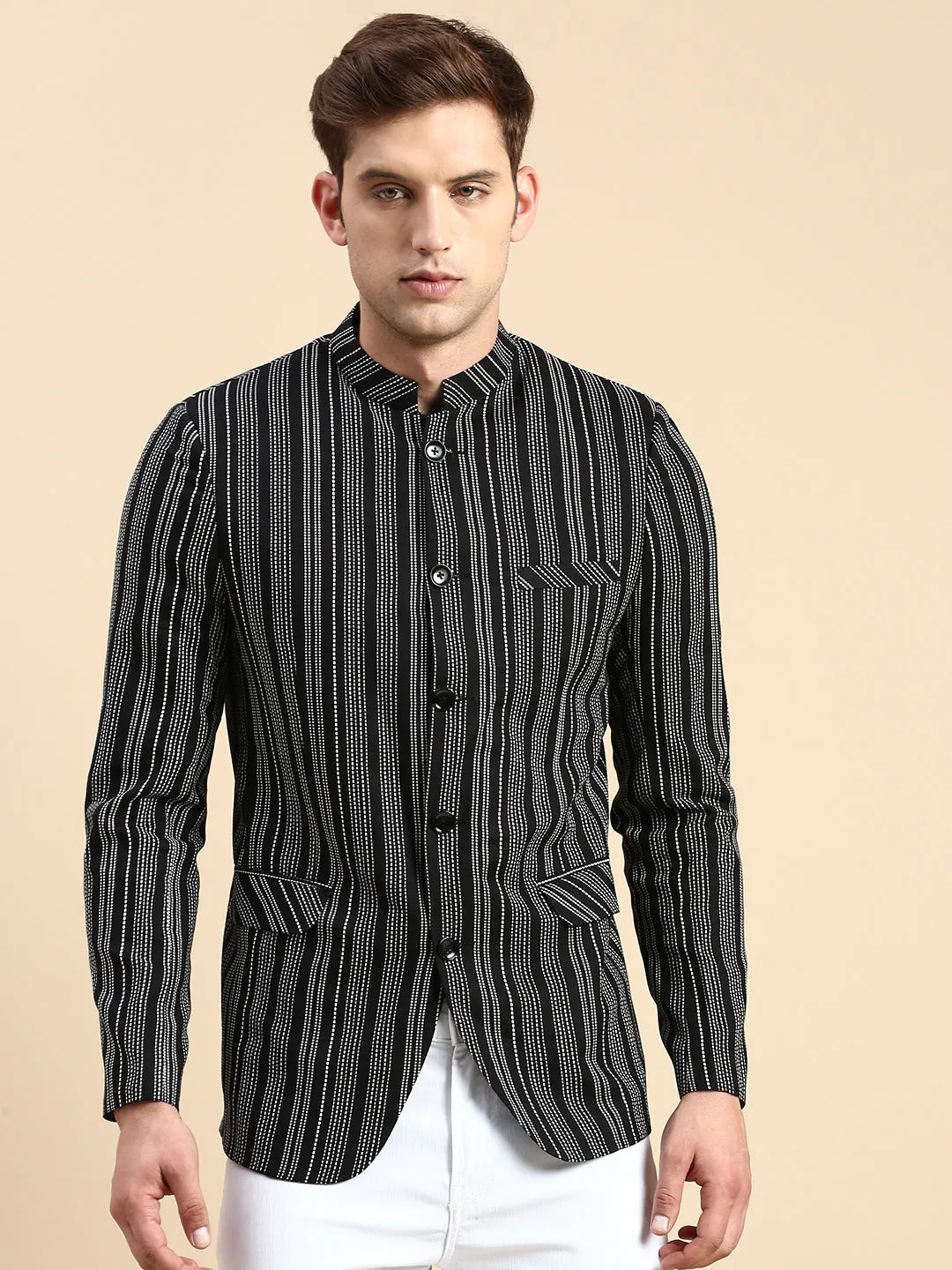 Men Mandarin Collar Striped Black Blazer