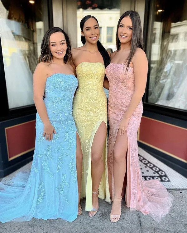 Modest Sheath Strapless Off Shoulder Prom Dresses Evening Dress With Slit, SP571