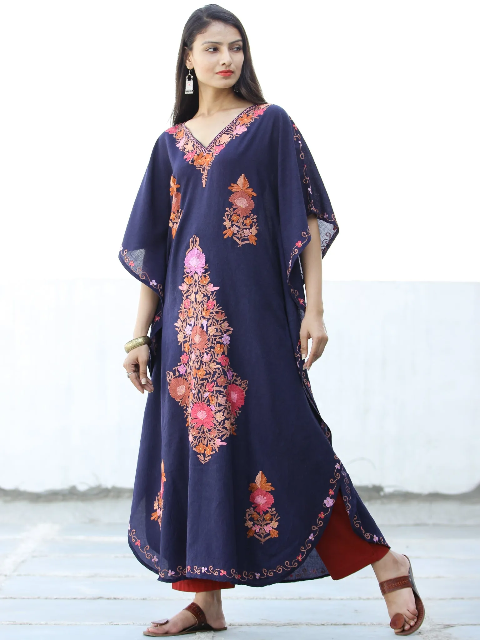 Navy Blue Coral Lilac Aari Embroidered Kashmere Free Size Kaftan in Crushed Cotton - K11K063