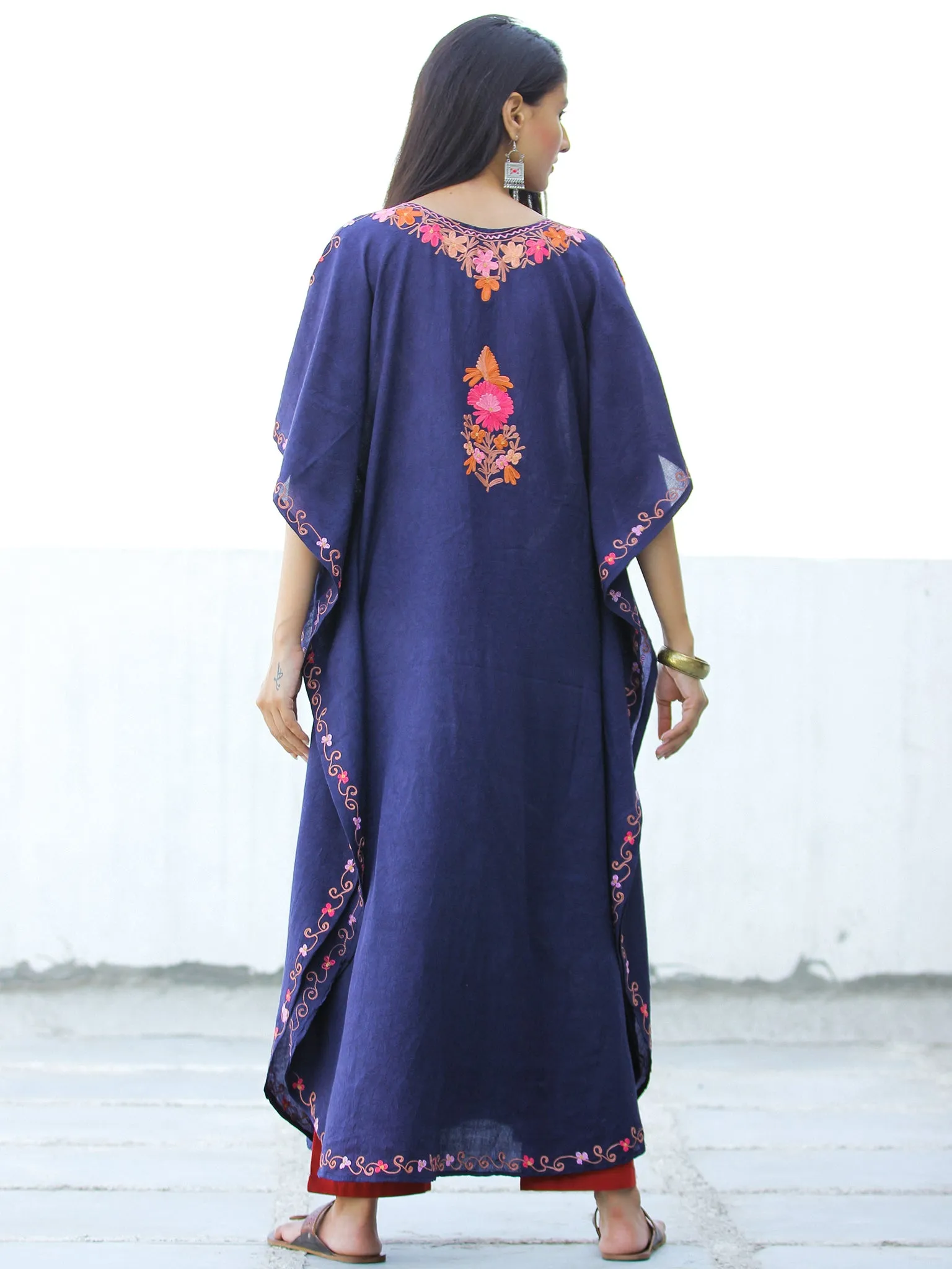 Navy Blue Coral Lilac Aari Embroidered Kashmere Free Size Kaftan in Crushed Cotton - K11K063