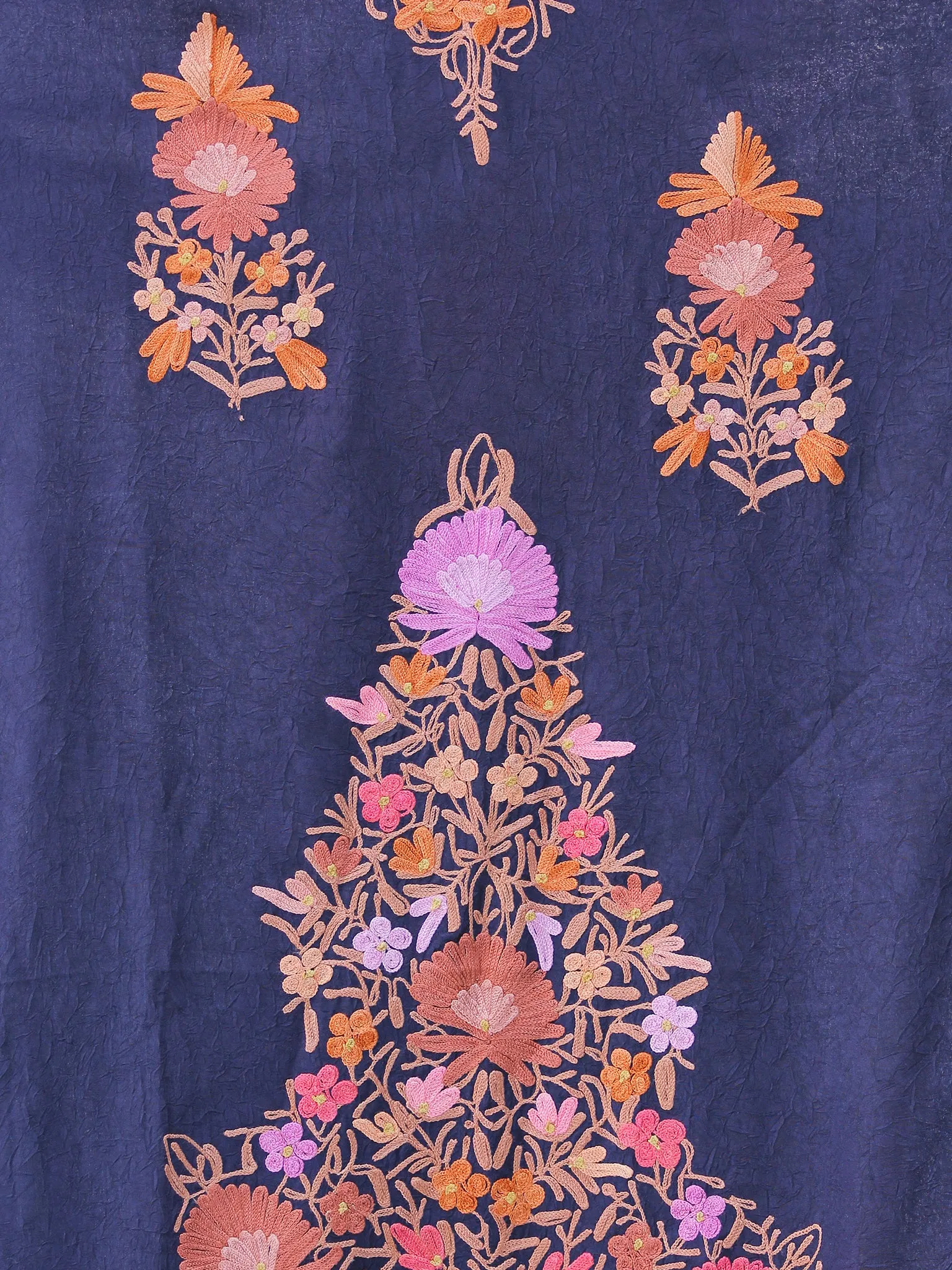 Navy Blue Coral Lilac Aari Embroidered Kashmere Free Size Kaftan in Crushed Cotton - K11K063