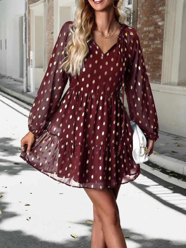 New women's autumn chiffon v-neck long-sleeved commuter dress