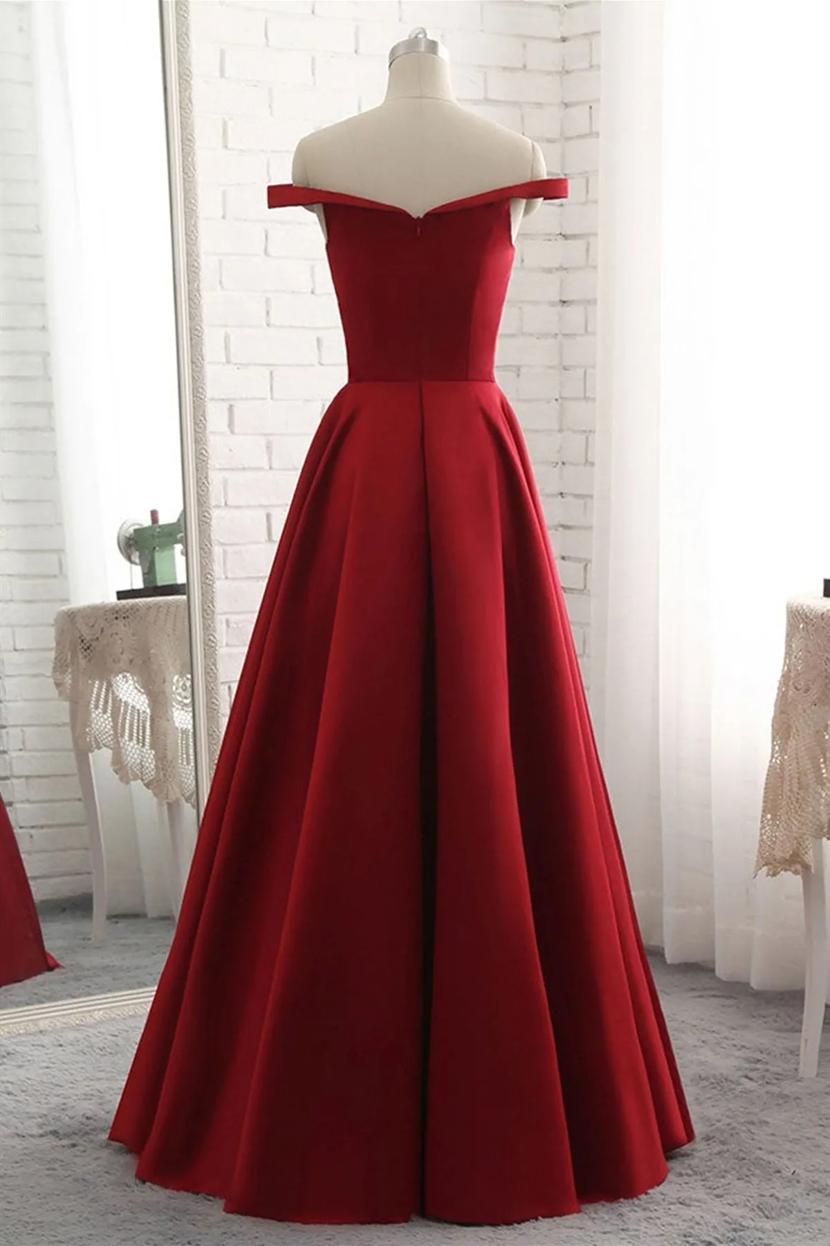 Off Shoulder Burgundy Satin Long Prom Dresses, Off the Shoulder Burgundy Formal Dresses, Burgundy Evening Dresses